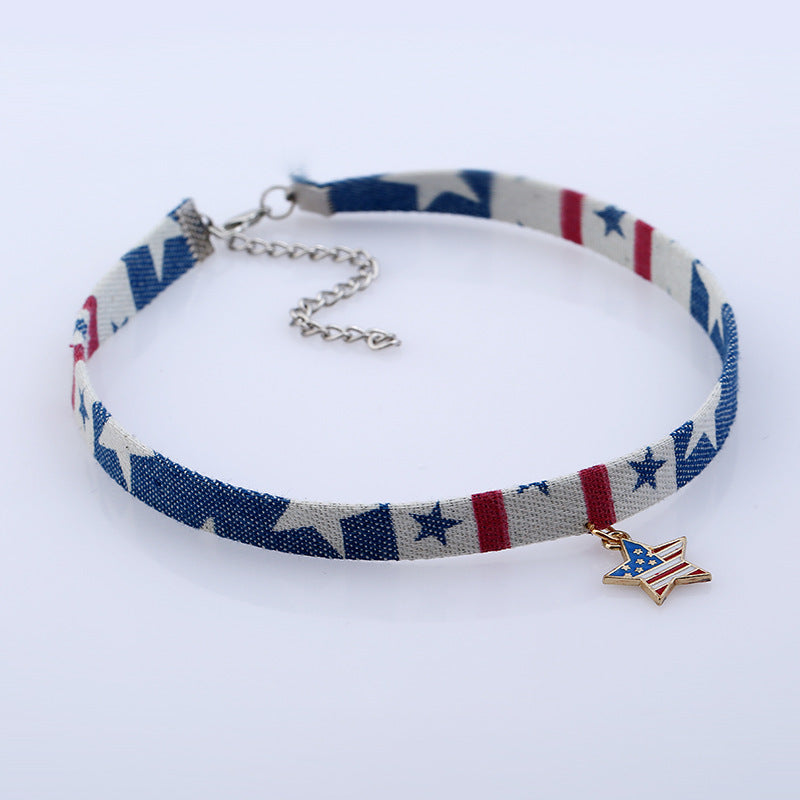 Wholesale Denim Necklace Five-Pointed Star Flag Independence Day Necklace